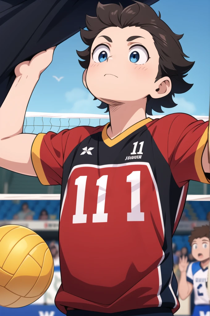masterpiece, Best Quality, ultra detailed, animated style, volleyball boy, black and messy hair, with legend that says daler on his back, number 129 on his back, raising your arms, backwards, Looking up