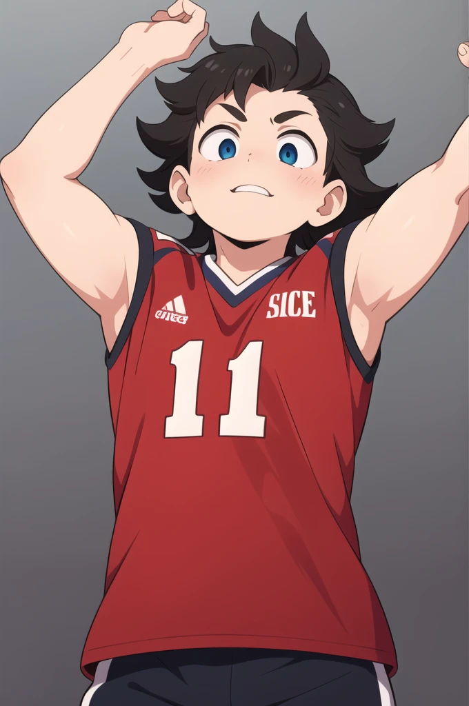 masterpiece, Best Quality, ultra detailed, animated style, volleyball boy, black and messy hair, with legend that says daler on his back, number 129 on his back, raising your arms, backwards, Looking up