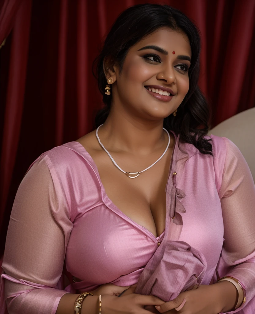 A indian plus size sexy aunty wearing dark pink blouse and white saree , she has big wide belly and fat legs