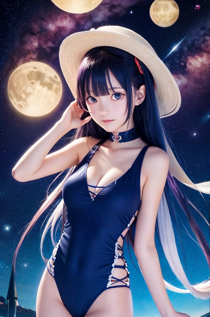 1 girl, lake scene, seat on the water, black suit, white details on her clothes, waterfall, white flowers on focus, full moon, night, flowing hair, crystals, sparkles, swim suit, blue hair, cap