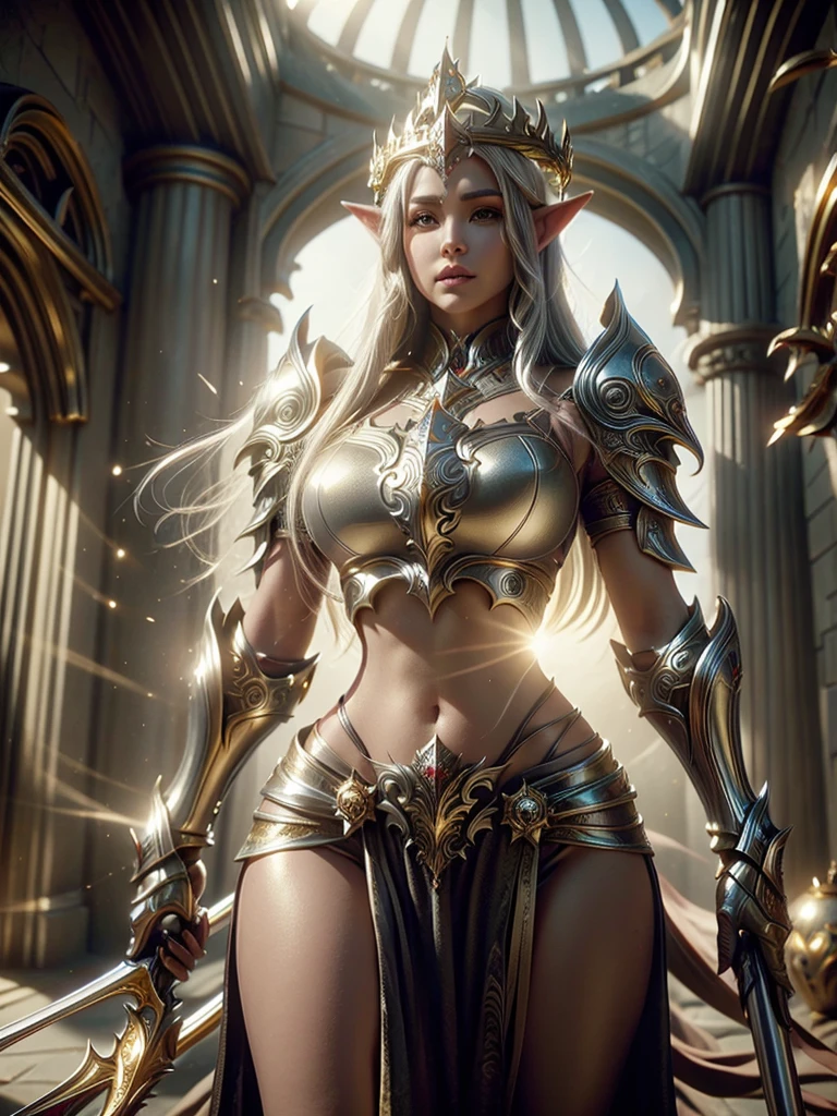 Realistic image cinematic shadows. in the courtyard realm. Elf Queen's Body with Crown, Illuminated Face, Hips, Toned, Gypsy Warrior (White Plastic Stainless Steel Armor) ((Thick Gold Details)) reflecting sunlight