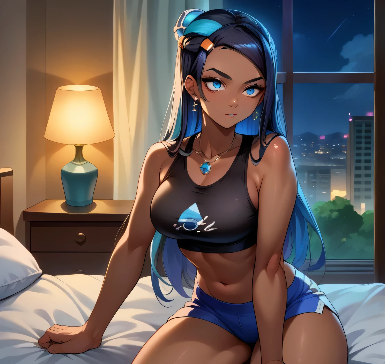 score_9, score_8_up,score_7_up, source_anime, 1girl, solo, EPpkNessa, blue eyes, black hair, blue hair, streaked hair, single hair bun, dark skin, dark-skinned female, necklace, ear piercing, black sports bra,shorts,bedroom, at a dark room, at night , city view from the window, gyaru,