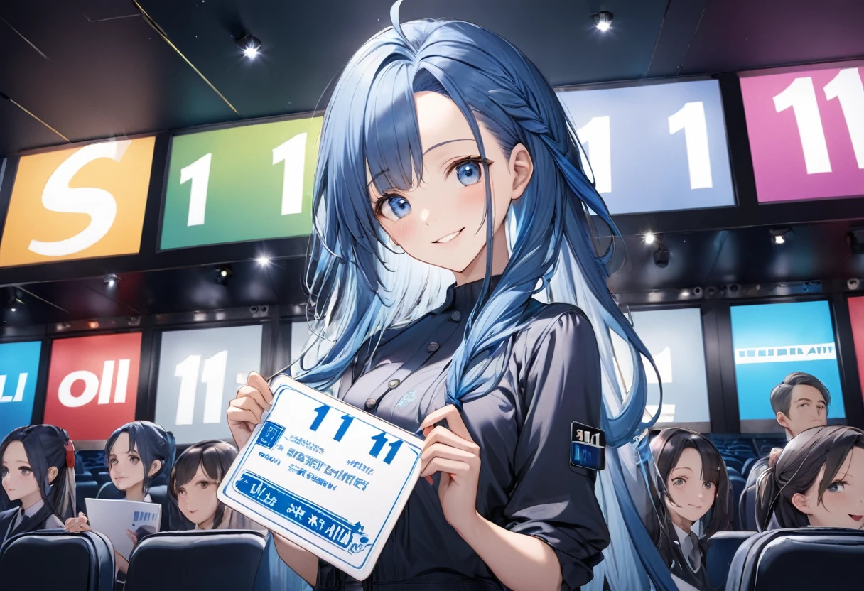 (Characters appear word of "1111"), (a forehead blue hair long hair cute girl, blue eyes, cute smile, hand holding Number Card of) (((("1111")))) on to cinema screen, BREAK, perfect anatomy, masterpiece, best quality, 16k, beautiful detailed cinema, daydreaming expression.