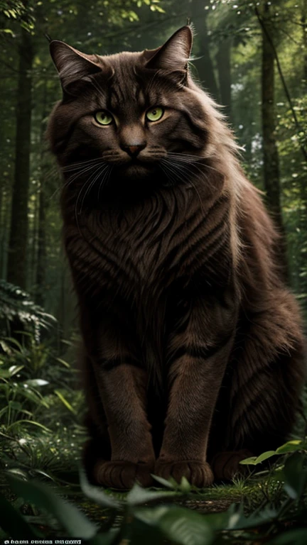 a giant cat, highly detailed, photorealistic, 8k, masterpiece, professional, cinematic lighting, dramatic atmosphere, fluffy fur, piercing eyes, large paws, majestic pose, dynamic movement, lush forest background, sunlight filtering through the leaves, muted color palette, moody lighting