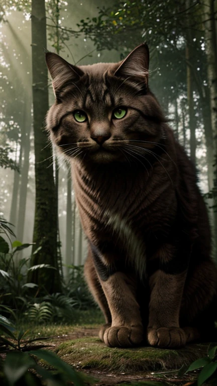 a giant cat, highly detailed, photorealistic, 8k, masterpiece, professional, cinematic lighting, dramatic atmosphere, fluffy fur, piercing eyes, large paws, majestic pose, dynamic movement, lush forest background, sunlight filtering through the leaves, muted color palette, moody lighting