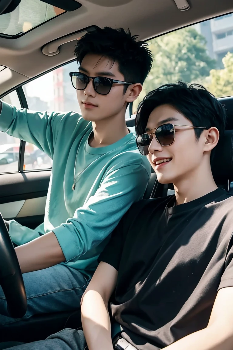 Two young Chinese men,Colored shirts and sunglasses,Drive in the car,Talking and laughing