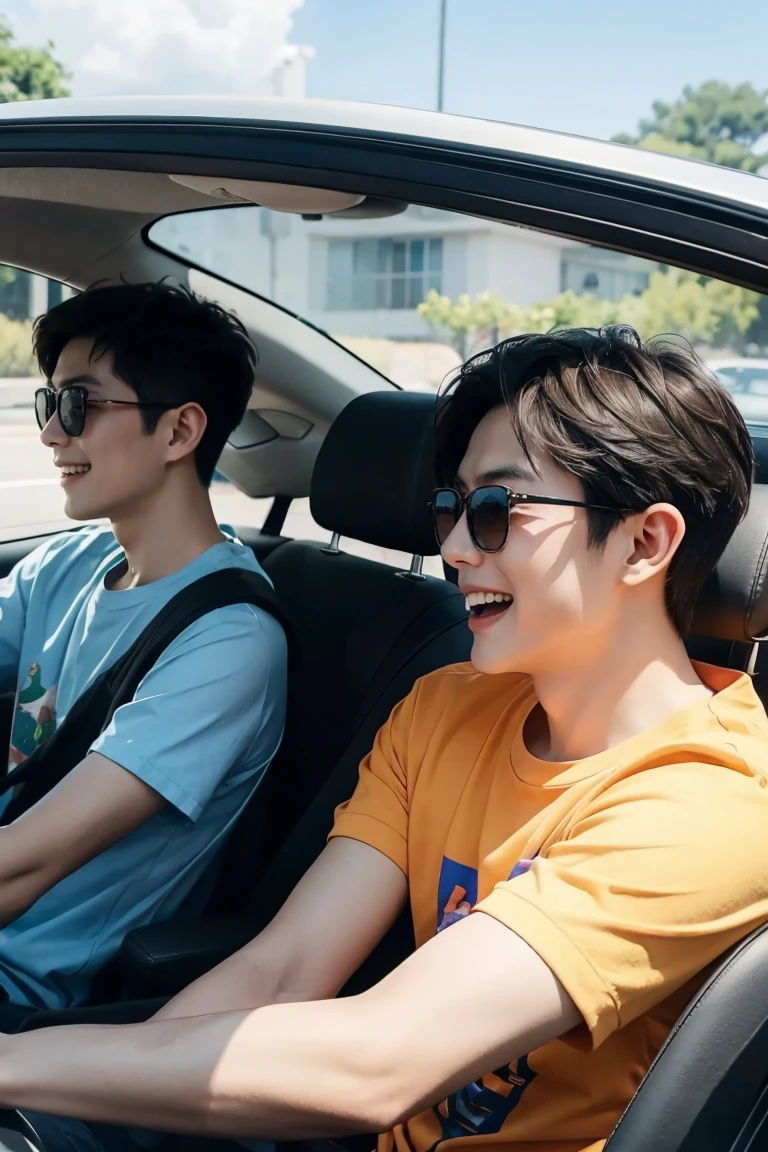 Two young Chinese men,Colored shirts and sunglasses,Drive in the car,Talking and laughing