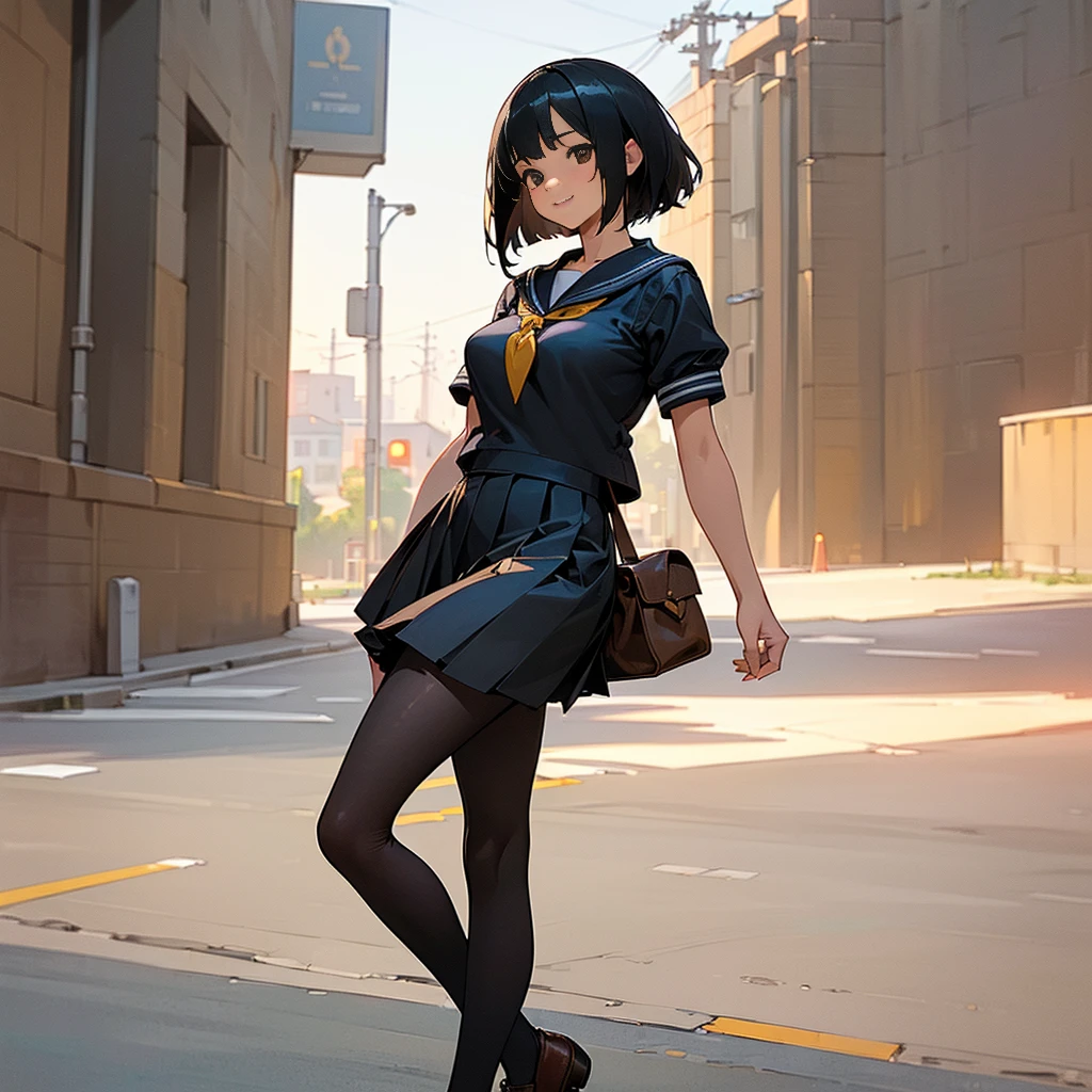 (Highest quality, High resolution, Super detailed, Realistic:1.37), Peaceful atmosphere, (Streetscape),  girl standing alone,(my breasts are big.),Beautifully detailed features, Cute Smile, ((Black bob hair)),Short-sleeved sailor uniform, Pleated skirt,Black tights,Brown leather shoes.