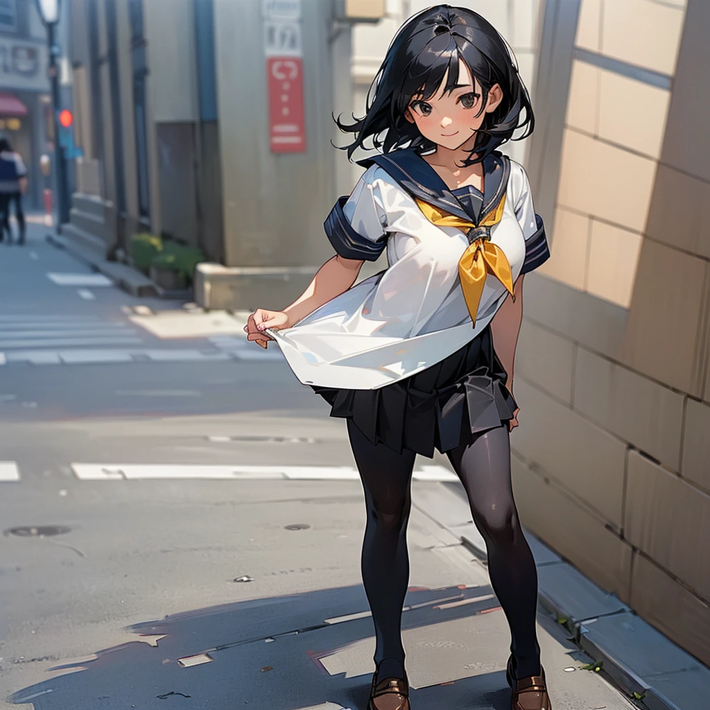 (Highest quality, High resolution, Super detailed, Realistic:1.37), Peaceful atmosphere, (Streetscape), Teenage girl standing alone,(my breasts are big.),Beautifully detailed features, Cute Smile, ((Black bob hair)),Short-sleeved sailor uniform, Pleated skirt,Black tights,Brown leather shoes.