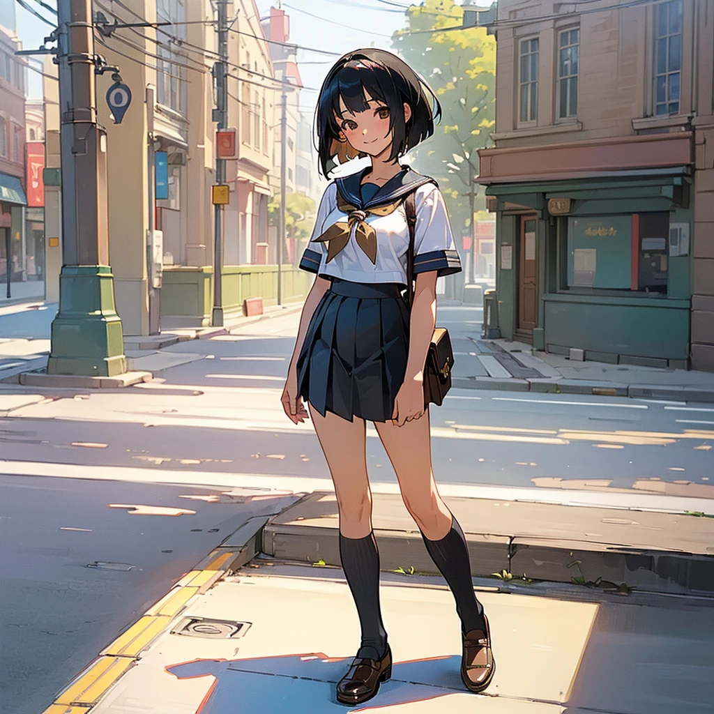 (Highest quality, High resolution, Super detailed, Realistic:1.37), Peaceful atmosphere, (Streetscape), Teenage girl standing alone,(my breasts are big.),Beautifully detailed features, Cute Smile, ((Black bob hair)),Short-sleeved sailor uniform, Pleated skirt,Black tights,Brown leather shoes.