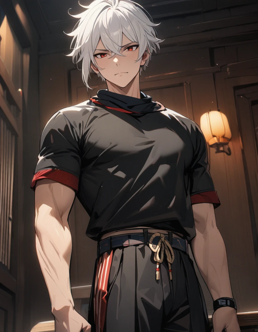 1 male, short hair, white hair, blue eyes, kazuha outfit, (best quality,4k,highres,masterpiece:1.2), slightly muscular