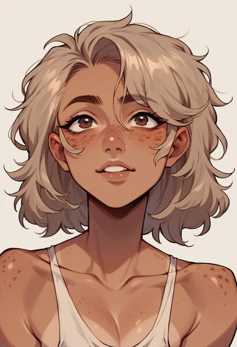 Girl with light brown hair, brown eyes, tan skin, and freckles