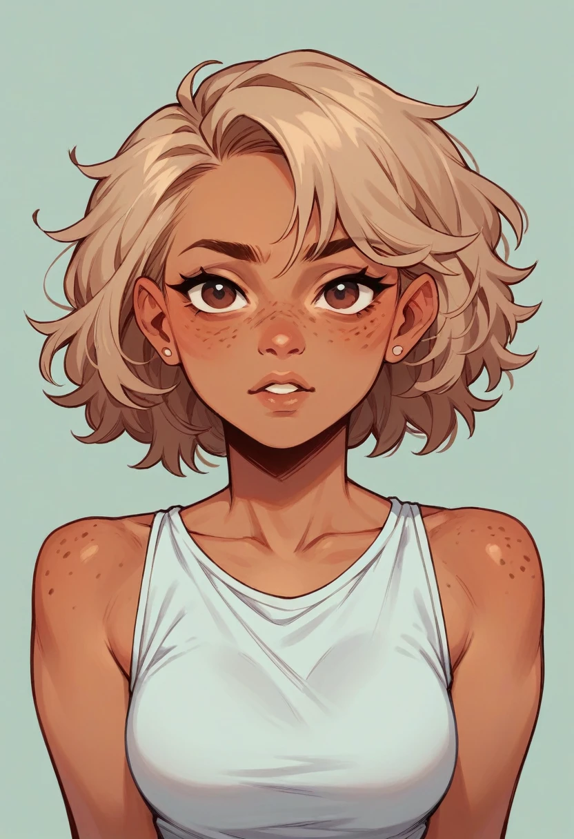Girl with light brown hair, brown eyes, tan skin, and freckles