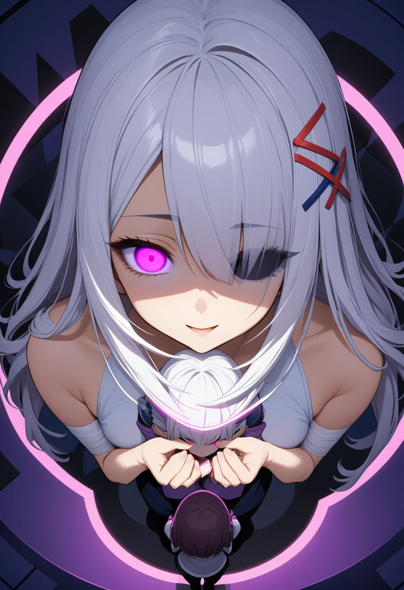 White hair, Long hair, One eye is bandaged, Purple Eyes, (Glowing eyes:1.1), x Hair accessories, Bare shoulders, Empty eyes, Shadowed side, from above, Netherlands from behind angle, Axis, Head tilt, Looking at the audience, :d, (Eye bags:1.1), (Keep your eyes open:1.2), Stretch out your arms, Separate sleeves, Sleeves over fingers, Purple Line, Blue Background, Geometric background, Mature female