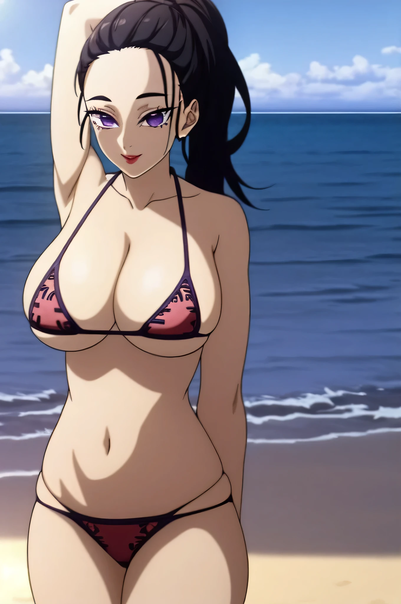 (masterpiece, best quality, extremely detailed CG, beautiful detailed eyes, ultra-detailed, intricate details:1.2), 8k wallpaper, elaborate features, glistening shiny, glowing light, ray tracing, HDR, deph of field, (perfect face), HD, perfect lighting, ((beautiful detailed eyelashes)),
HinatsuruKNY, black hair, ponytail, purple eyes, sleveeless, bare shoulders, open forehead, lipstick, hair pulled back, cleavage, long hair, 1girl, solo, breasts, looking_at_viewer, smile, large_breasts, cleavage, bare_shoulders, collarbone, standing, hands behind head, thick thighs, thong underwear, from_below, breasts, large breasts, big breasts, huge breasts, big tits, giant breasts, small bikini, bikini, red bikini, bare shoulders, bare arms, beach, ocean, underboob, island background