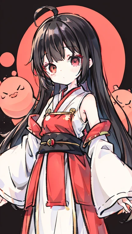 Girl Kokeshi Primary school students Young Girl Little Girl Height: 130cm Standing picture Simple design The dress is a one-piece camisole Sleeveless No sleeve Black hair okata Hair is black Red eyes Shoulder-baring ahoge Kokeshi doll