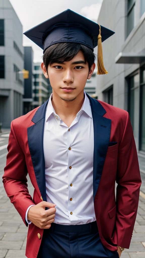 Graduated anime man with blazer and graduation cap