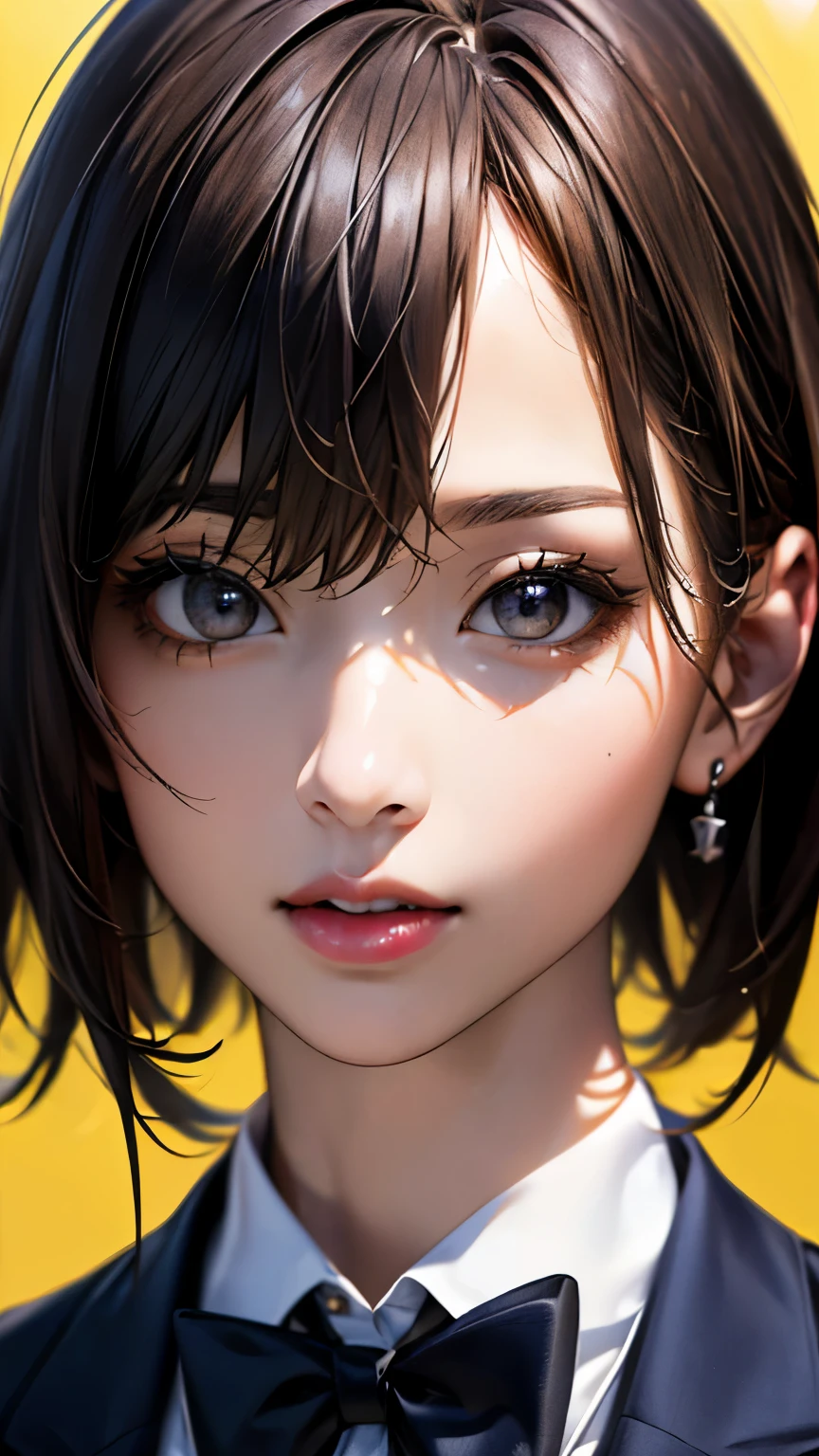 (hig彼st quality、8k、32K、masterpiece)、(Realistic)、(Realistic:1.2)、(High resolution)、Very detailed、Very beautiful face and eyes、1 girl、Delicate body、(hig彼st quality、Attention to detail、Rich skin detail)、(hig彼st quality、8k、Oil paints:1.2)、Very detailed、(Realistic、Realistic:1.37)、Bright colors、Full Body Shot, ((high school girl:1.6, Navy Blazer:1.6, Navy pleated mini skirt)), (Closed blazer, Grey bow tie, White collared shirt, Black thigh-high socks)