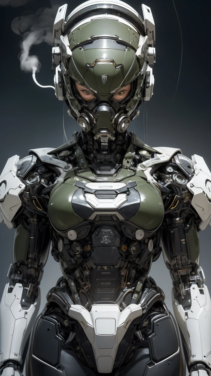 最high quality非常に詳細, Advanced Details, high quality, 最high quality, High resolution, 1080P, hard disk, beautiful,(War Machine),(Snug-fitting headgear),See the big picture,beautifulサイボーグ女性,Black Mecha Cyborg Girl,BATTLE MODE,Mecha Body Girl　8k dark green body armor　Elementary school girl　Sweaty face　Droopy eyes　short hair　Gas mask with extension nozzle　boyish　Steam coming out of my head　My hair is wet with sweat　Black Hair, ((Steam coming out of the mouth))　Do not expose skin　Character Focus　Full smoke visor type headgear