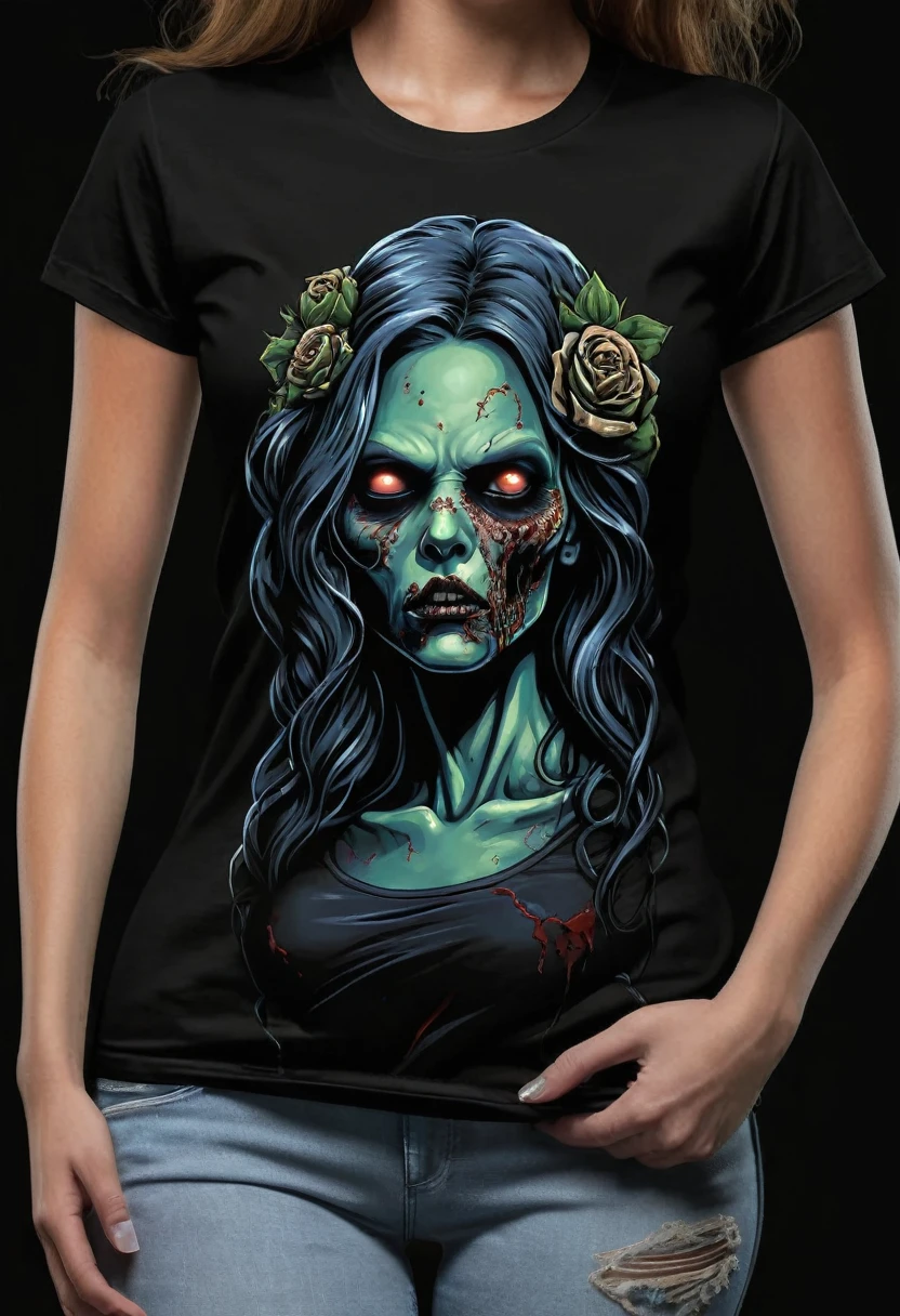 t shirt design, create a menacing black t-shirt with a feminine zombie motif inspired by heavy metal aesthetics. The artwork features an elegant zombie woman curled sinuously, its scales shining in the dim light. the zombie woman&#39;The mouth is wide open, revealing rows of sharp teeth dripping with blood, exuding a raw feeling, primitive aggression, clear sky and bright sun in the background, improving the sinister atmosphere of the design. the zombie woman&#39;the eyes shine with a malevolent shine, capturing the essence of danger and violence. The overall style is bold and intense, embodying the dark and bold spirit of heavy metal.