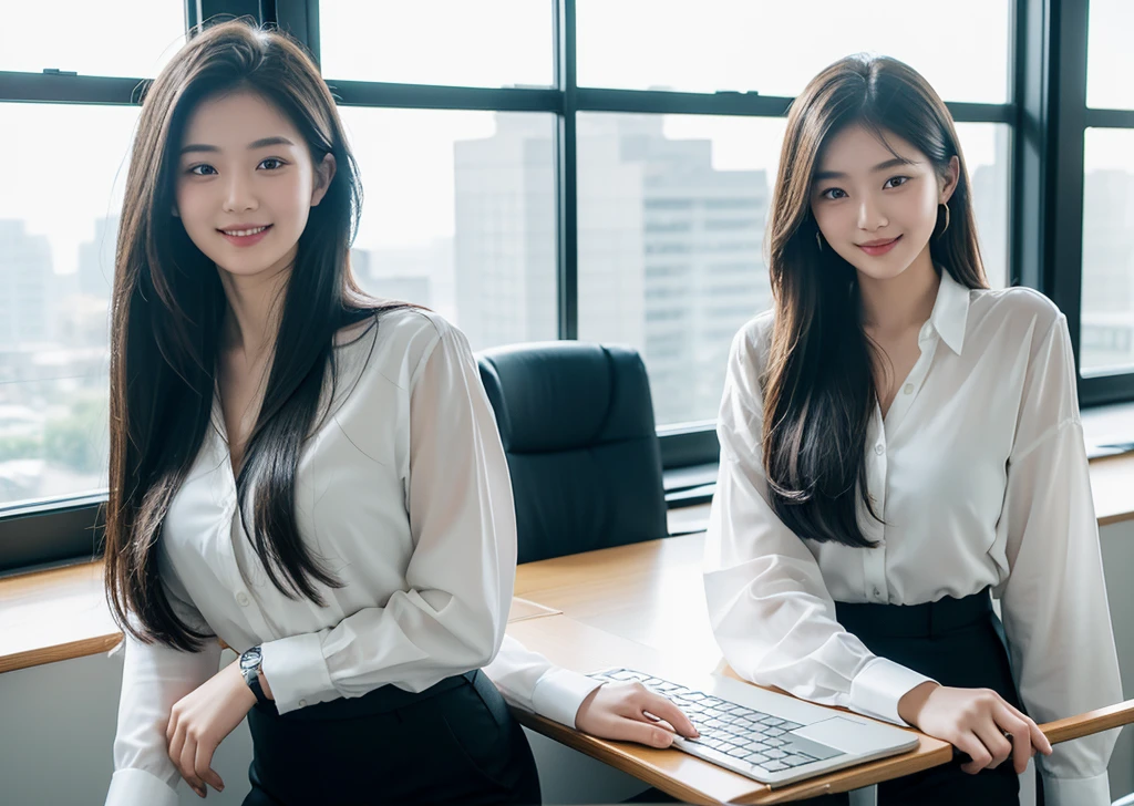 20-year-old women, Semi-long hair, Office Casual, White blouse, Black slacks, Smart Watches, In front of the computer, smile, conference room, Light pours in through the window, Modern Office, sense of cleanliness, Realistic