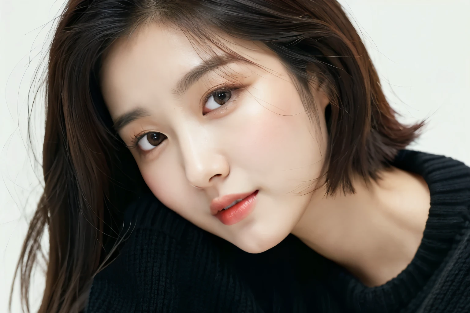 a close up of a woman with a black sweater and a white wall, lee ji-eun, lee ji - eun, heonhwa choe, with short hair, kwak ji young, park ji-min, jaeyeon nam, shin min jeong, sangsoo jeong, kim hyun joo, female actress from korea, taejune kim, hwang se - on