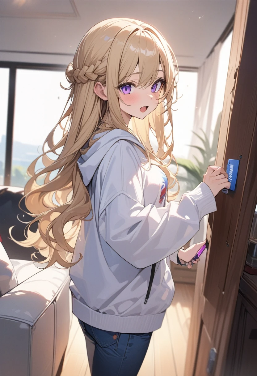 masterpiece, best quality, extremely detailed, ultra detailed, flat anime, 2D,
1girl, (young adult:1.2),blonde hair, (semi-long hair:1.2), curly hair, french braid, medium breasts, purple eyes, tsurime, height 1.7meters,
white hooded sweatshirt, jeans,bracelet, long sleeves,socks,
very interesting, open mouth, ((USB flash drive in hand)),
upper body, portrait, looking back
summer, livingroom, 12AM., standing