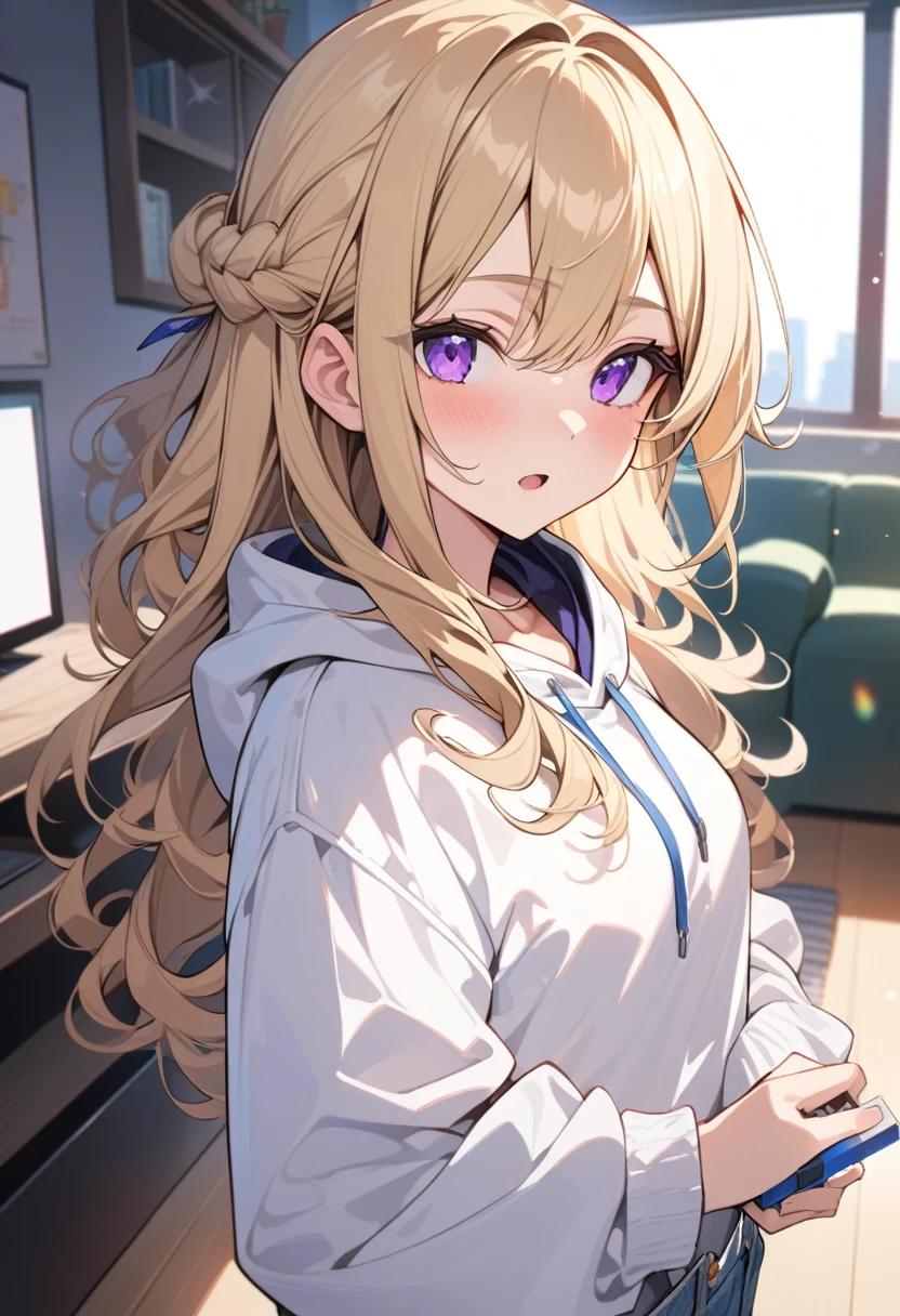 masterpiece, best quality, extremely detailed, ultra detailed, flat anime, 2D,
1girl, (young adult:1.2),blonde hair, (semi-long hair:1.2), curly hair, french braid, medium breasts, purple eyes, tsurime, height 1.7meters, 
white hooded sweatshirt, jeans,bracelet, long sleeves,socks,
very interesting, open mouth, ((USB flash drive in hand)), 
upper body, portrait, looking back
summer, livingroom, 12AM., standing