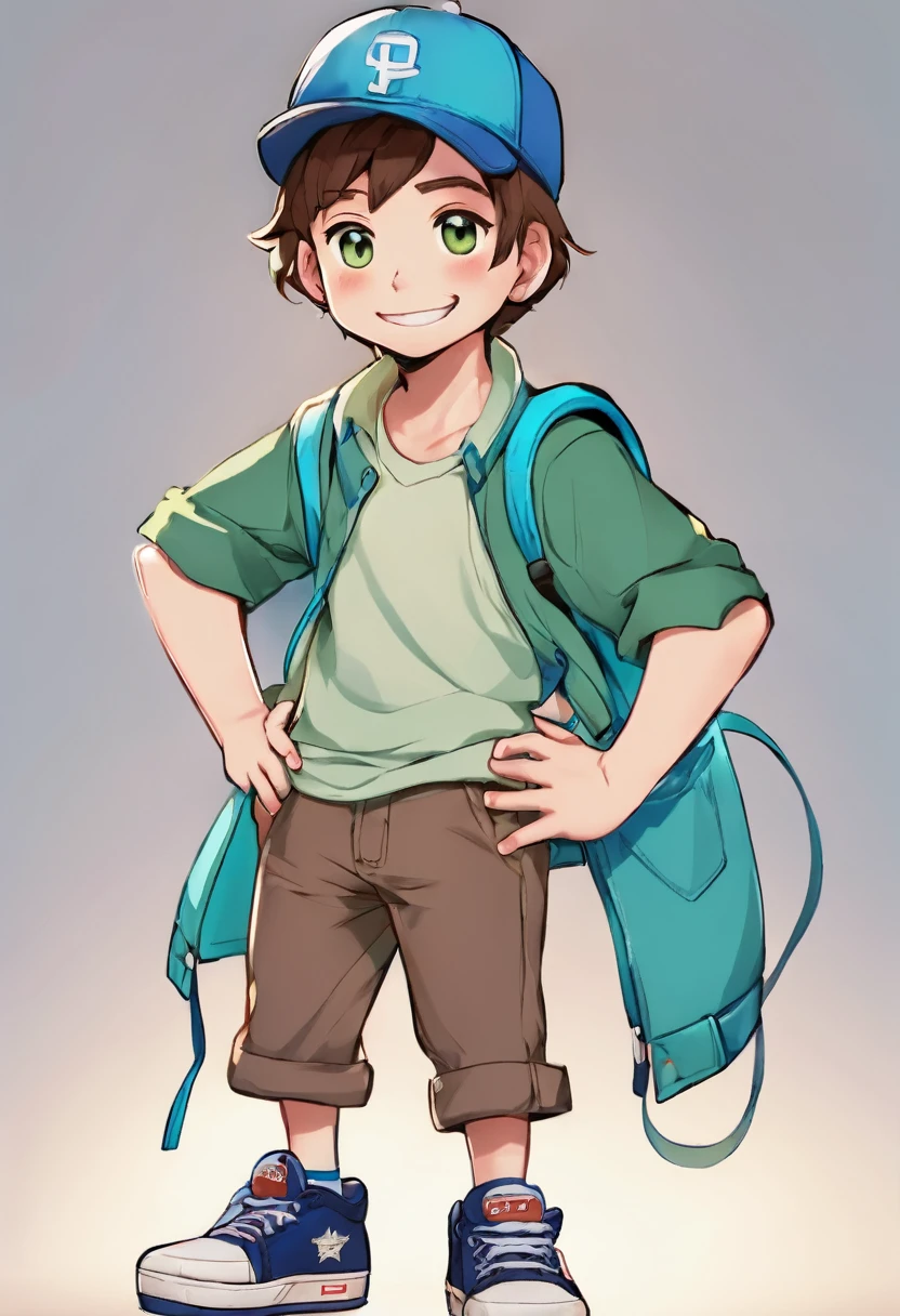European and American cartoons, game characters, original designs, 1boy, male focus, hat, shirt, brown hair, smile, shoes, full body, wristband, open mouth, green shirt, pants, looking at viewer, standing, blue eyes, gradient background, grey background, , sneakers, gradient, t-shirt, male , baseball cap, short sleeves, simple background, fat, teeth, realistic, 