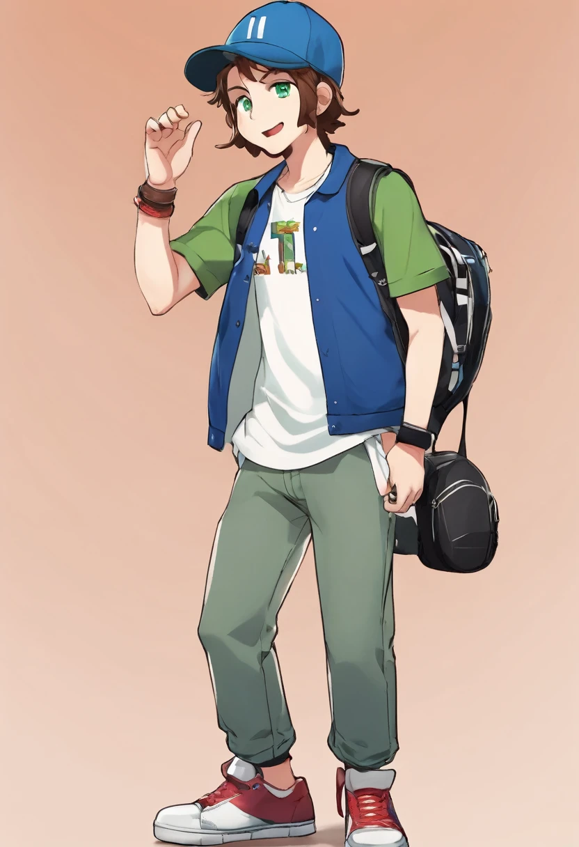 European and American cartoons, game characters, original designs, 1boy, male focus, hat, shirt, brown hair, smile, shoes, full body, wristband, open mouth, green shirt, pants, looking at viewer, standing, blue eyes, gradient background, grey background, , sneakers, gradient, t-shirt, male , baseball cap, short sleeves, simple background, fat, teeth, realistic,