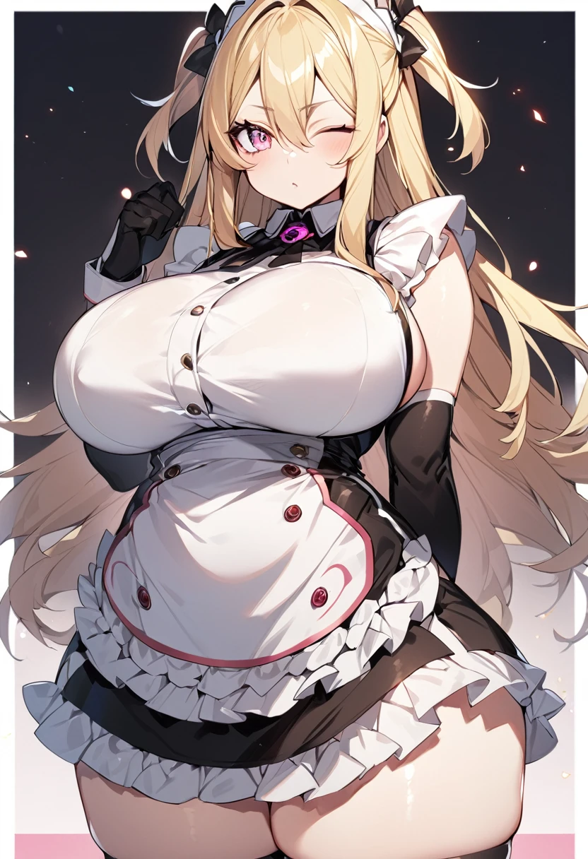 (One girl)、medium length hair、(sidelock)、((Blonde))、(slan eyes)、（boyish）、cute、(Big super breasts)、((Chubby))、Maid、No sleeve、mini skirt、White sleeveless、thigh-high socks thighhighs、(long gloves)、hairs between eyes、(coarse hair)、[flipped hair]、pink eye、expressionless、one eye closed、arm behind back、two side up、White Background、