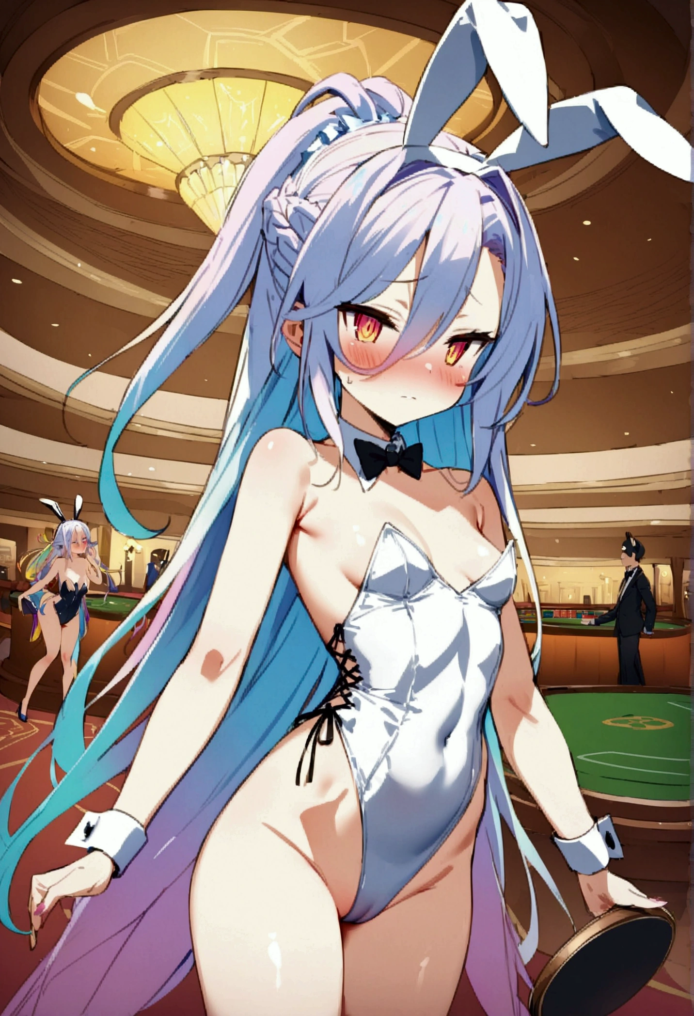 NSFW,masterpiece,Highest quality,High resolution,Very detailed,white\(no game No life\),Small breasts,Bunny ears,Playboy Bunny,casino,Holding Tray,Sluggish face,blush,Are standing