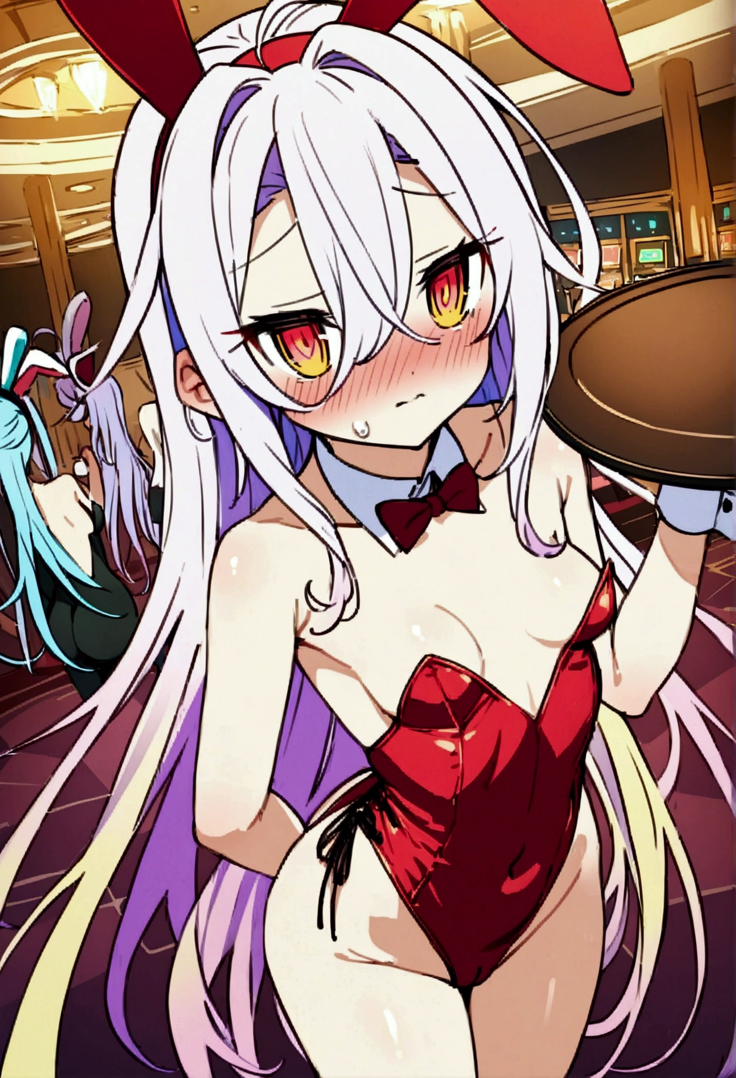 NSFW,masterpiece,Highest quality,High resolution,Very detailed,white\(no game No life\),Small breasts,Bunny ears,Playboy Bunny,casino,Holding Tray,Sluggish face,blush,Are standing