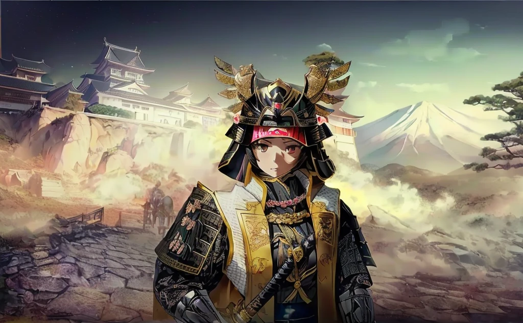 Female, (girls:1.5), (exceptional, best aesthetic, new, newest, best quality, anime, waifu:1.2), best quality, ultra detailed, absurdres, highres, colored, good anatomy, black hair, pretty face, Japanese Samurai armor, Samurai helmet, laurel leaves on helmet, swords, cape, Japanese castle, tree, snow mountain, fire,