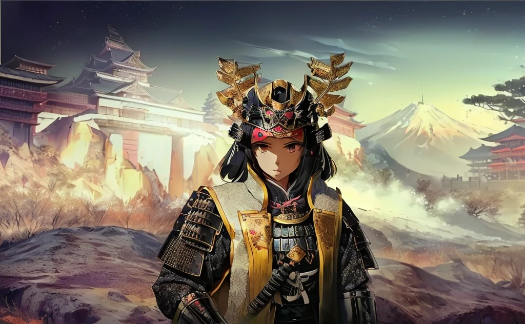 Female, (girls:1.5), (exceptional, best aesthetic, new, newest, best quality, anime, waifu:1.2), best quality, ultra detailed, absurdres, highres, colored, good anatomy, black hair, pretty face, Japanese Samurai armor, Samurai helmet, laurel leaves on helmet, swords, cape, Japanese castle, tree, snow mountain, fire,
