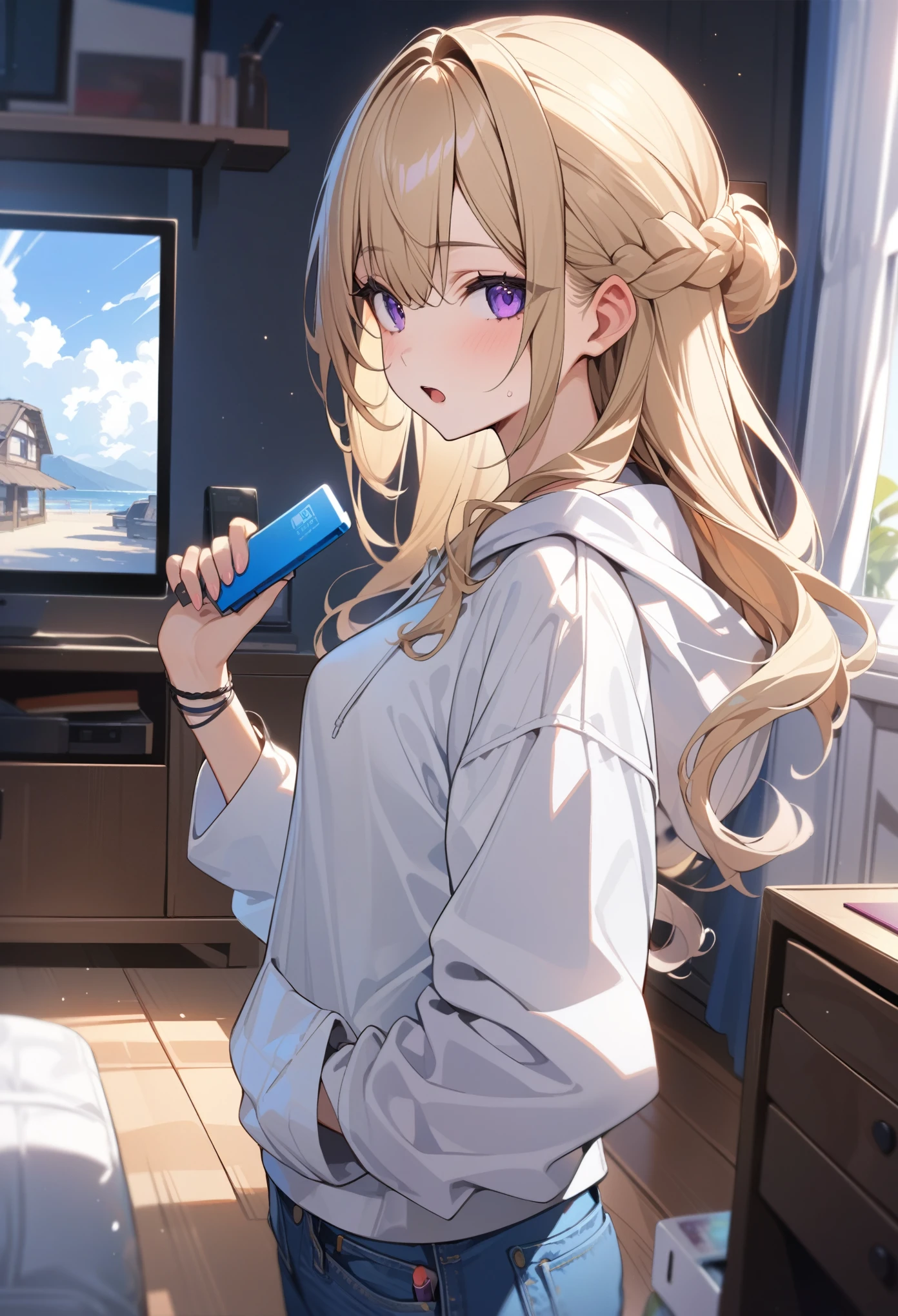 masterpiece, best quality, extremely detailed, ultra detailed, flat anime, 2D,
1girl, (young adult:1.2),blonde hair, (semi-long hair:1.2), curly hair, french braid, medium breasts, purple eyes, tsurime, height 1.7meters,
white hooded sweatshirt, jeans,bracelet, long sleeves,socks,
very interesting, open mouth, ((USB flash drive in hand)),
upper body, portrait, looking back
summer, livingroom, 12AM., standing