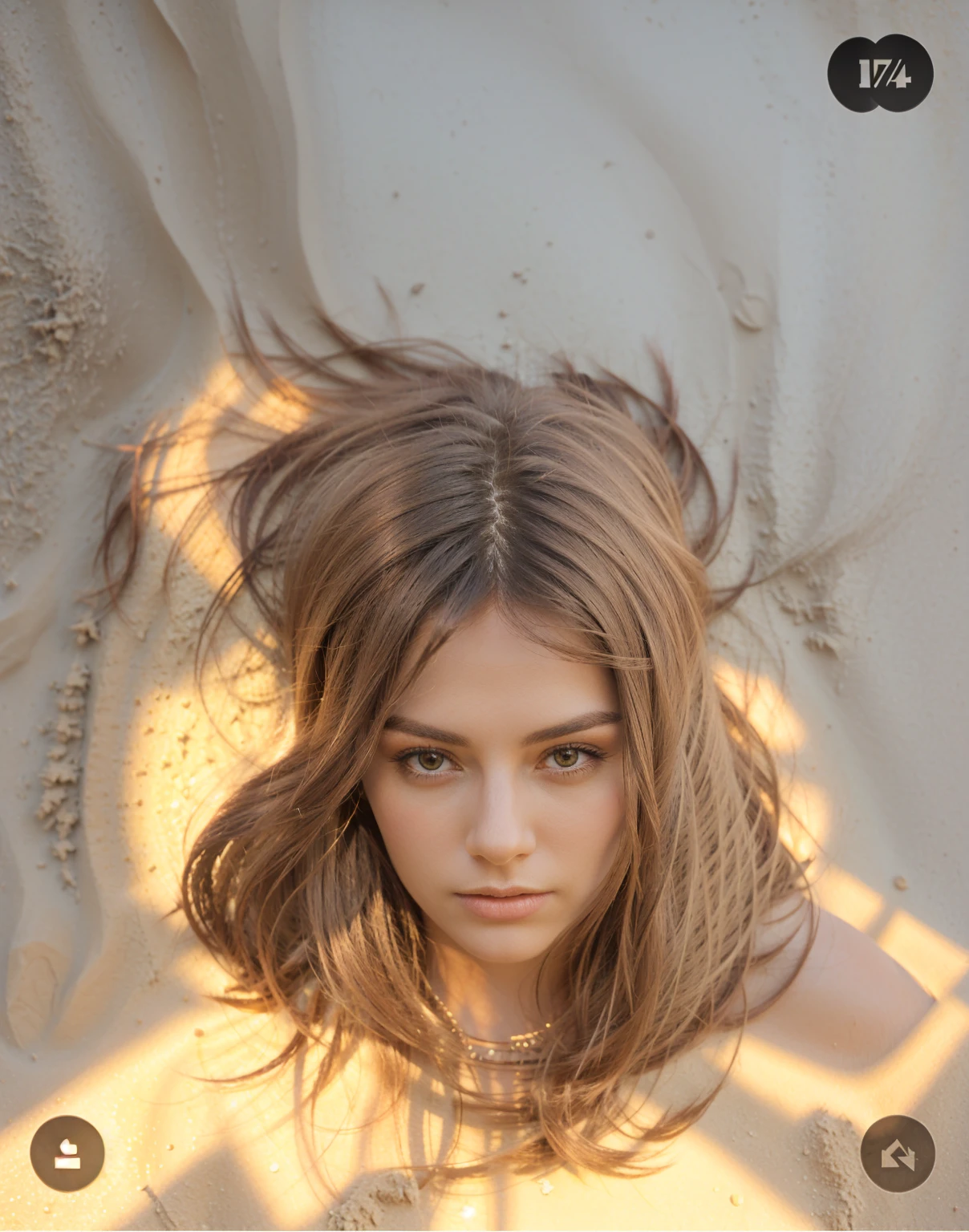 dark hair girl, in sand, ultra réalistic sand