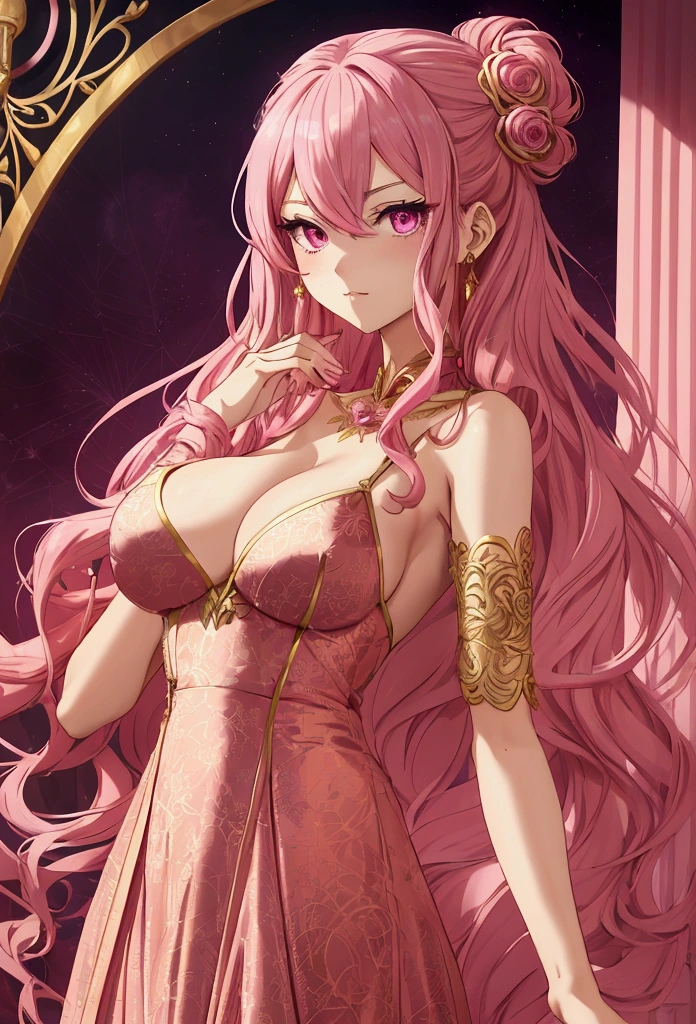 Create an anime-style girl with deep magenta eyes and long, wavy pink hair styled in an elegant updo. She is slender with small breasts. She wears a regal, ethereal dress with elegant and fantasy elements, featuring a gold, pastel pink, and rose gold color scheme. The dress has intricate spider web patterns and motifs.