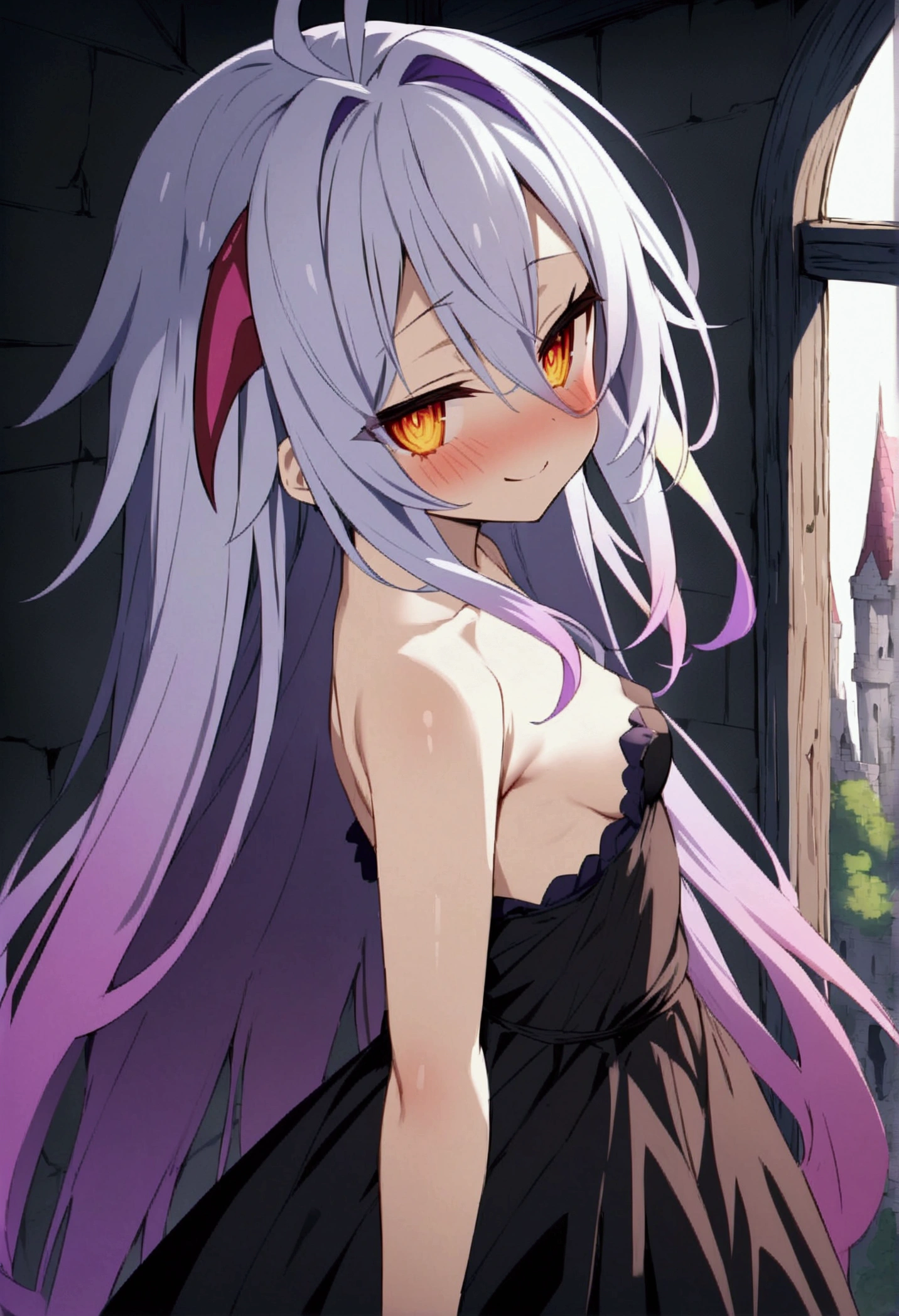 NSFW,masterpiece,Highest quality,High resolution,Very detailed,white\(no game No life\),Small breasts,Bad smile,blush,(devil),devilの角,devilのしっぽ,devilの羽,High quality black dress,Abandoned Castle