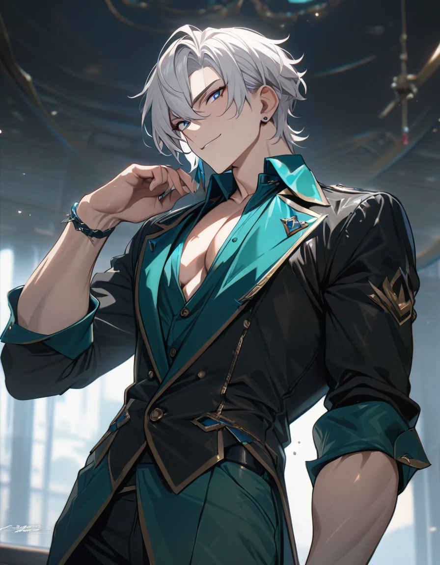 1 male, short hair, white hair, blue eyes, aventurine clothes, (best quality,4k,highres,masterpiece:1.2), slightly muscular