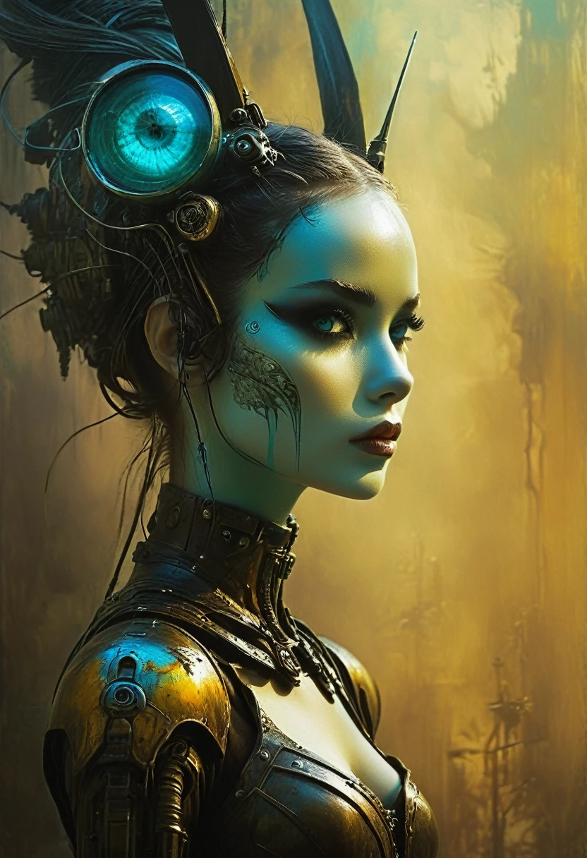 (Full length view.- -ar 9:16 - ar 1:2)Full length view. Small, combat-biorobot, porcelain face and head, large turquoise eyes, beautiful eyes, Best quality, relief, dark gothic, conceptual art, Psychedelic, post-apocalyptic, ominous, oil painting, thin flowing lines. Long strokes, light delicate shadows, + cinematic quality 36.5 mm f0, + Peter Elson style, Alexey Maleev, Ryohei Hase, Rafael Sanzio, Pino Daeni, Charlie Bowett, Albert Joseph Peno, Ray Caesar, Ritts grass style, color.. .top quality, masterpiece, (Full-length, wide angle, centered, no cropping) - ar 9:16 - ar 1:2