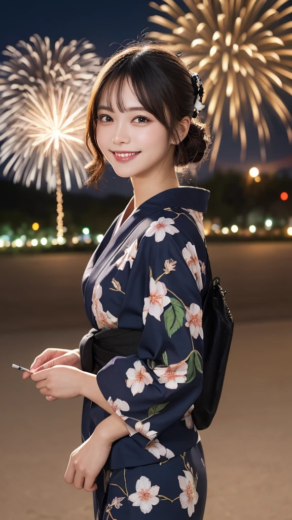 masterpiece, best quality, illustration, ultra-detailed, finely detail, highres, 8k wallpaper, perfect dynamic composition, beautiful detailed eyes, Yukata, firework festival, smile face