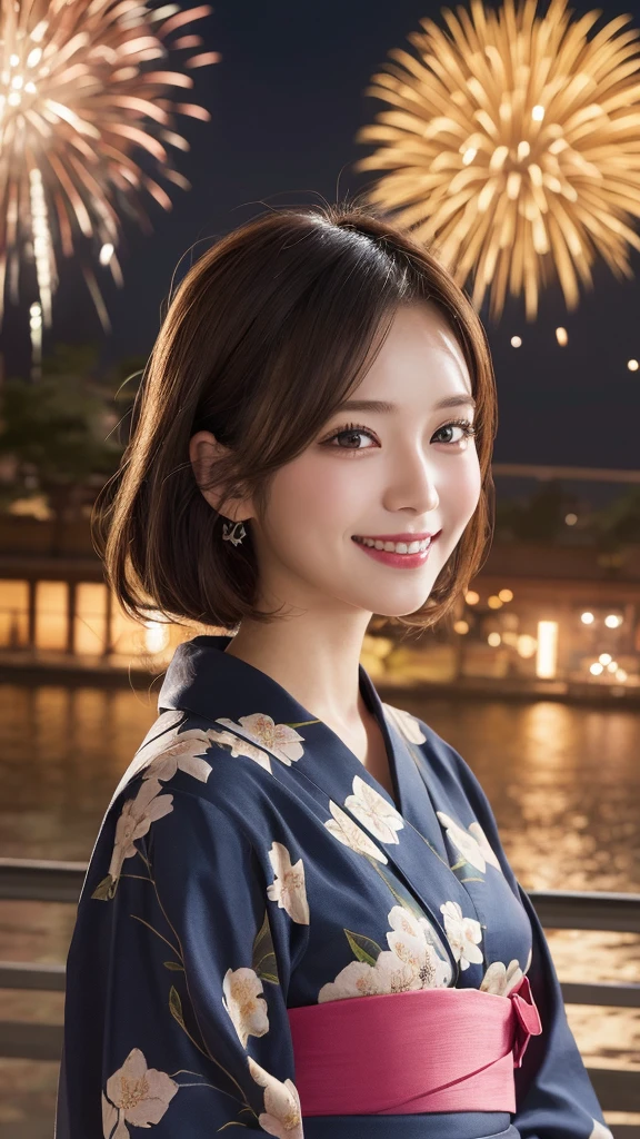 masterpiece, best quality, illustration, ultra-detailed, finely detail, highres, 8k wallpaper, perfect dynamic composition, beautiful detailed eyes, Yukata, firework festival, smile face