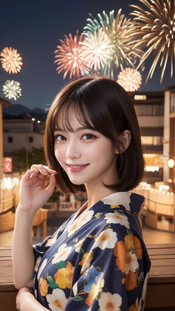 masterpiece, best quality, illustration, ultra-detailed, finely detail, highres, 8k wallpaper, perfect dynamic composition, beautiful detailed eyes, Yukata, firework festival, smile face