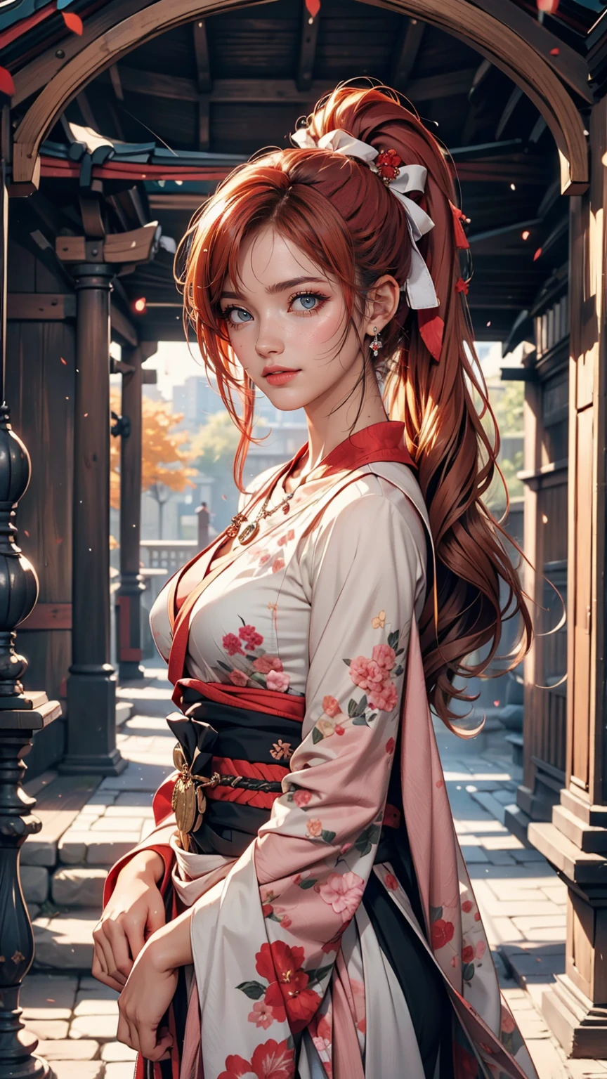 (One girl:1.3),alone,__Body parts__,, Official Art, unity 8k wallpaper, Super detailed, beautiful and aesthetic, beautiful, masterpiece, Highest quality,A fantastic atmosphere, Calm palette, Calm mood, Soft Shading,, Shrine maiden, incantation, Amulet Familiar, Shrine maidenの務め, 24-year-old female、Sexy proportions、Sexy breasts、Narrow waist、Long eyelashes、Side Ponytail((side ponytail))、hair band((hair ribbon))、Red hair、Textured skin((textured skin))、smile