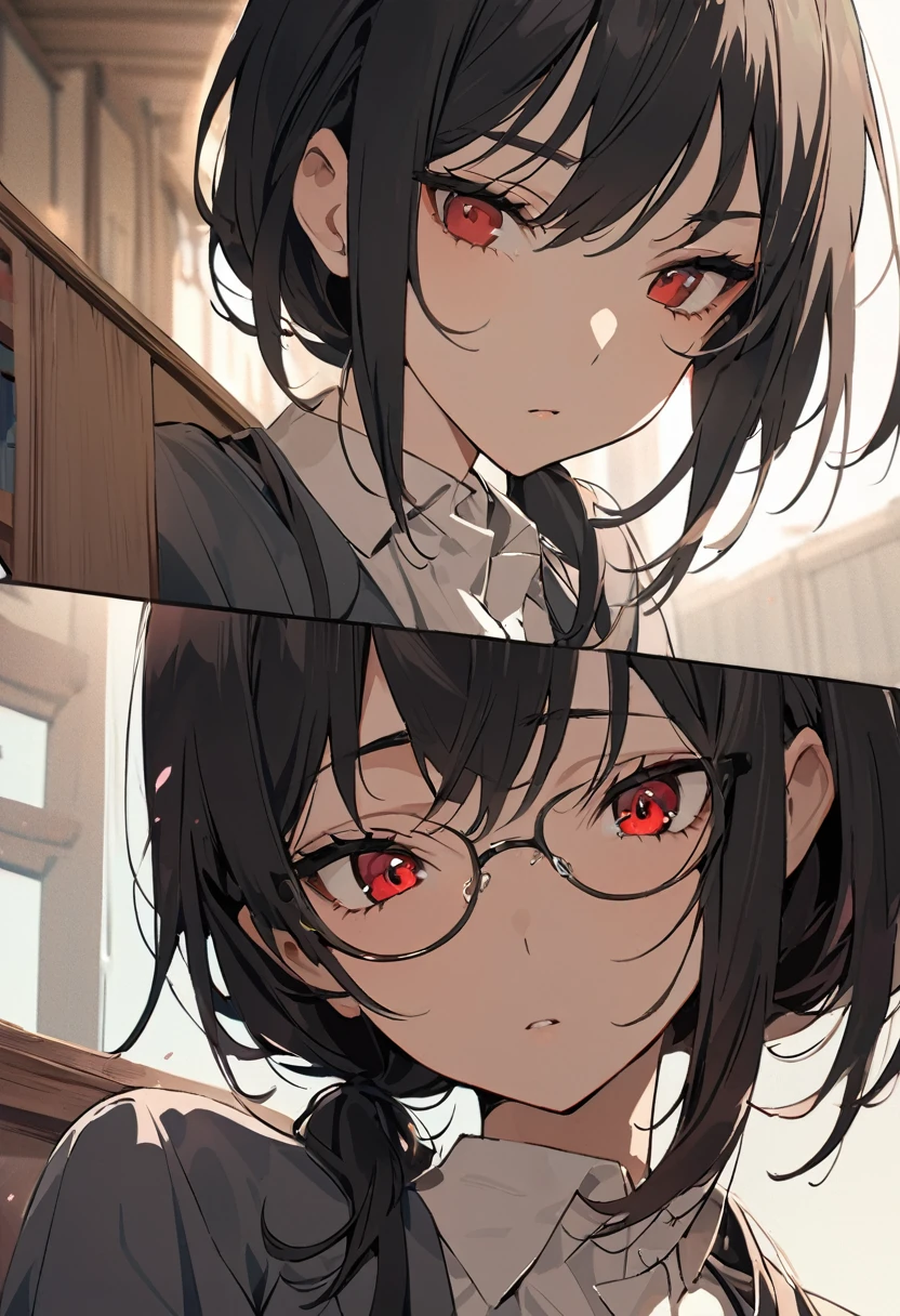 (masterpiece; best quality: 1.2), (finely detailed eyes: 1.3), ((25 year old woman)), ((solo)), (red eyes: 1.4), (body; gorgeous, soft, femenine: 1.3), (silky black hair + low ponytail: 1.3), (beautiful and clear background: 1.2), ((depth of field)), (equipment: labcoat +black shirt + white necktie + black skirt + black square glasses: 1.3), (anime illustration: 1.2), (background composition; japanese highschool classroom + furniture: 1.1), (extremely fine and beautiful: 1.1), (shot composition; standing + centered on torso + close-up: 1.5), (expression; calm, stoic: 1.2)