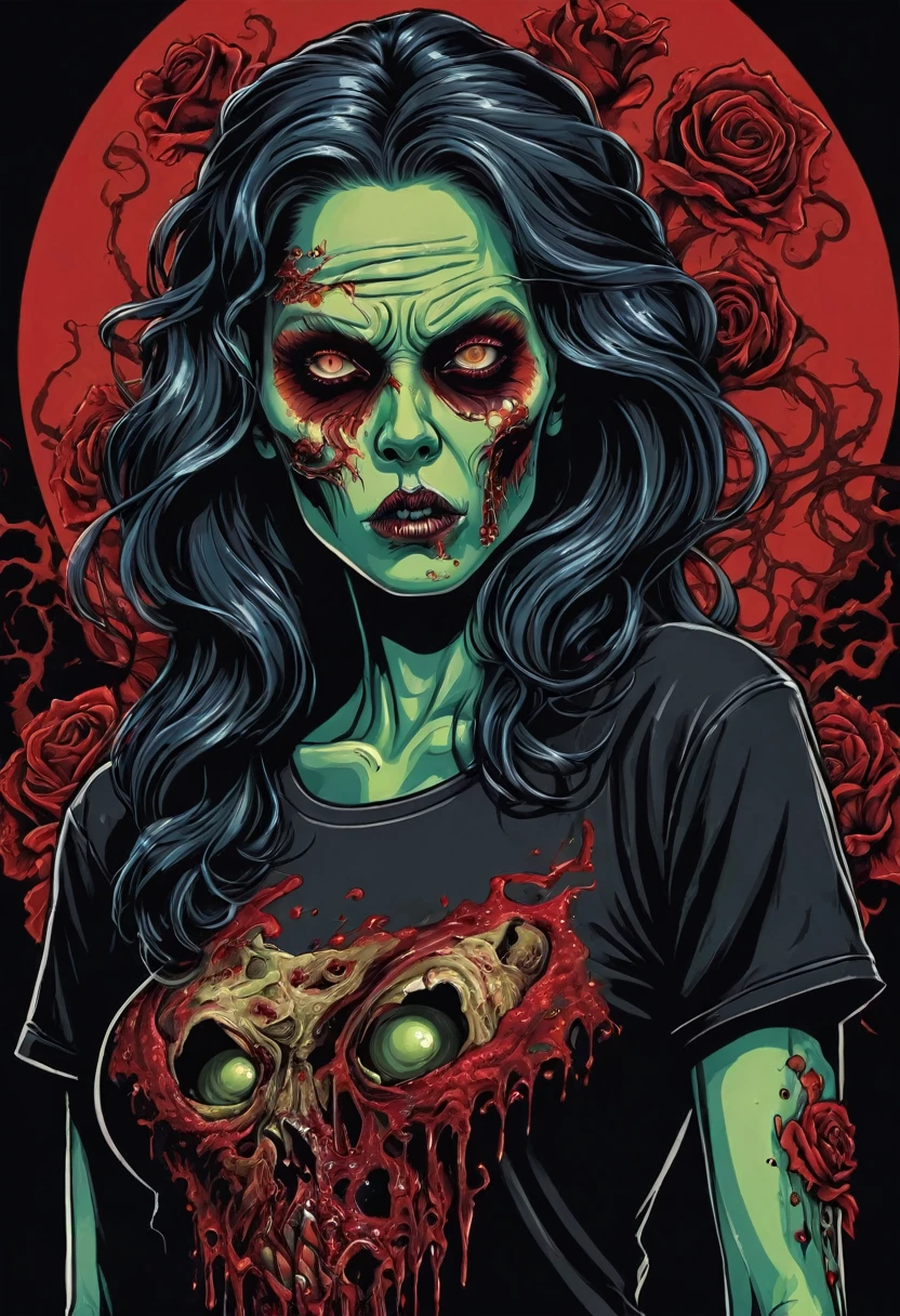 t-shirt design, Design a menacing black t-shirt with a full body woman zombie motif inspired by heavy metal music aesthetics. The artwork features a sleek, woman zombie coiled sinuously, its scales glistening in the dim light. woman zombie's mouth is wide open, revealing rows of razor-sharp teeth dripping with blood, exuding a sense of raw, primal aggression, bright sky and big sun in background, enhancing the ominous atmosphere of the design. woman zombie's eyes gleam with a malevolent glint, capturing the essence of danger and violence. The overall style is bold and intense, embodying the dark and edgy spirit of heavy metal music.