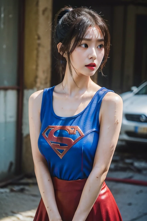 Supergirl, 29 years old、Height: 158cm, Trapped in the ruins of a building, midday, hair tied, Supergirl Afraid, Supergirl was sweating wet, Wearing a tank top Supergirl costume, Hair bangs, Supergirl's costume is torn, face Supergirl is injured, supergirl defeated