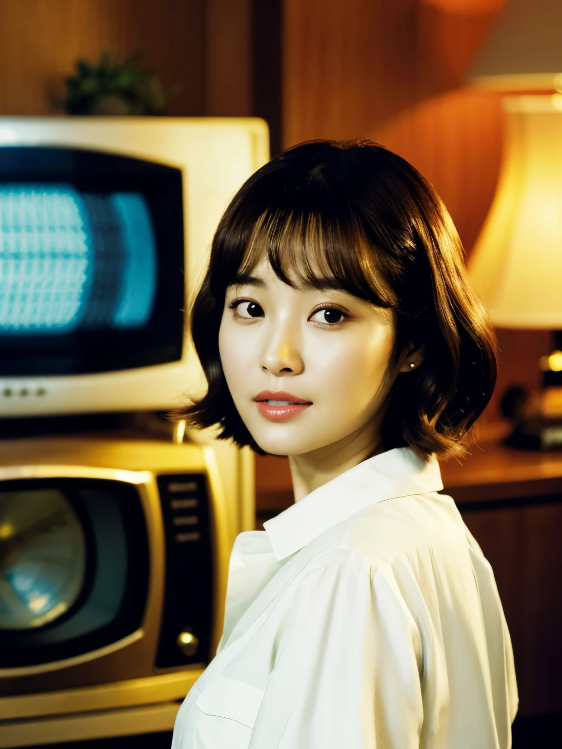 a close up of a woman with a white shirt on looking at a television, kwak ji young, cute korean actress, lee ji - eun, lee ji-eun, with short hair, female actress from korea, heonhwa choe, shin min jeong, hwang se - on, kim hyun joo, beautiful south korean woman, park ji-min