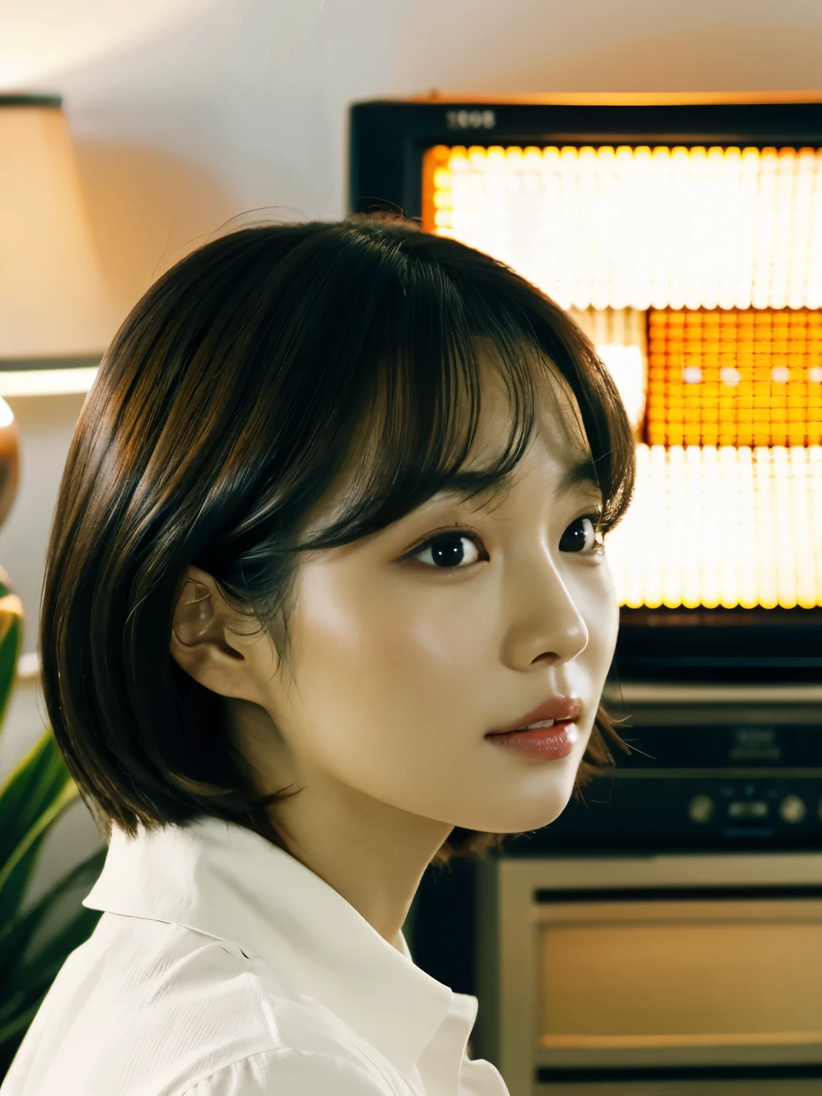 a close up of a woman with a white shirt on looking at a television, kwak ji young, cute korean actress, lee ji - eun, lee ji-eun, with short hair, female actress from korea, heonhwa choe, shin min jeong, hwang se - on, kim hyun joo, beautiful south korean woman, park ji-min